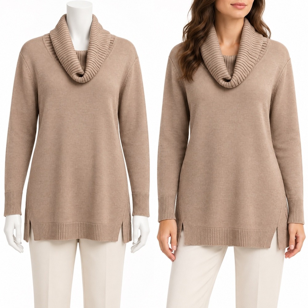 H by Halston Sweater Tunic Womens M Camel Cowl Neck Quiet Luxury Minimalist